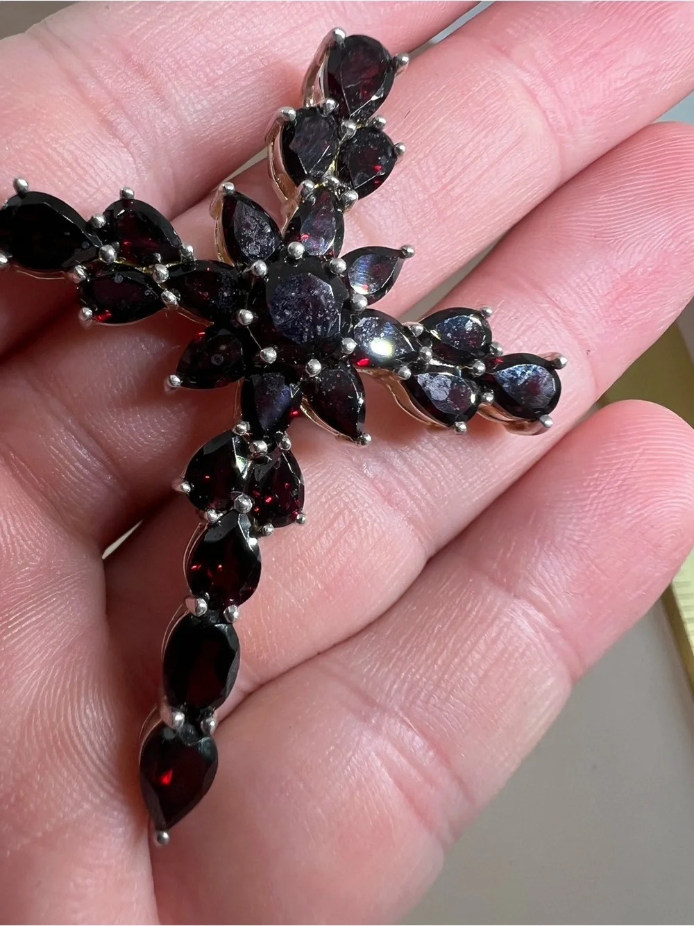 Sterling Silver Deep Red Garnet Cross Pendant